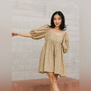 NEW Things Between Bohome Floral Mustard Mini Dress Medium Milkmaid Cottagecore